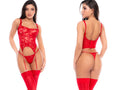 Mapale 80027 red two-piece set featuring a lace corset with garters, matching thong, and thigh-high stockings.