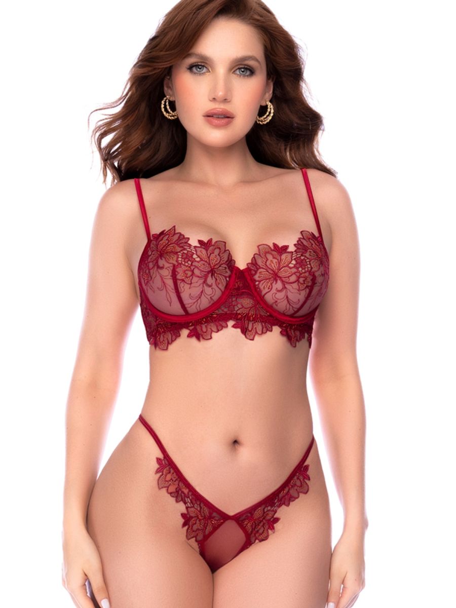 Mapale 80029 rosewood lingerie set with embroidered floral sheer cups and matching thong.