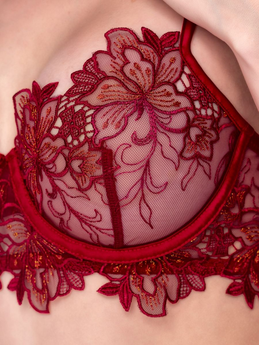 Mapale 80029 Two Piece Exotic Lingerie Set in rosewood, featuring sheer mesh with detailed floral embroidery.