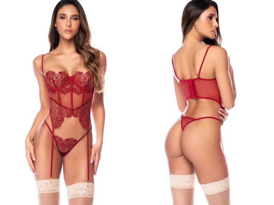 Mapale 80030 rosewood two-piece lingerie set with floral lace, mesh panels, garter straps, and matching thong.
