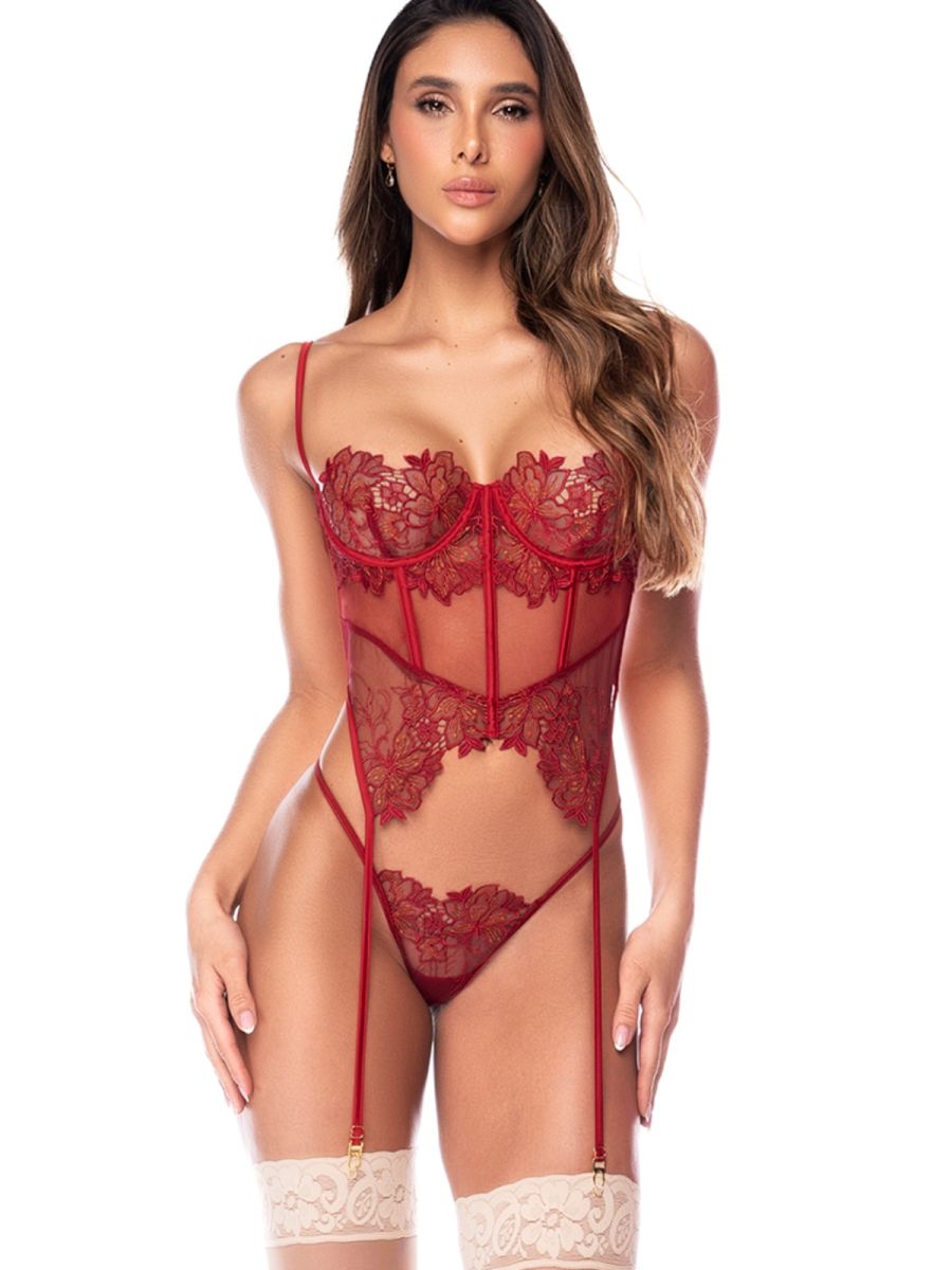 Mapale 80030 rosewood two-piece lingerie set featuring a sheer lace bustier with floral embroidery and matching thong.