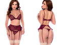 Burgundy three-piece lingerie set with lace bra, garter belt, and thong.