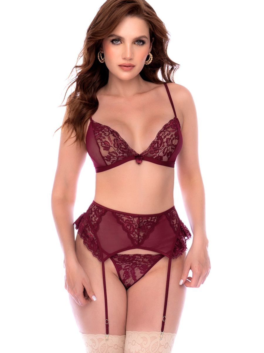 Mapale 80031 three-piece burgundy lingerie set featuring sheer lace bra, garter belt, and matching panty.