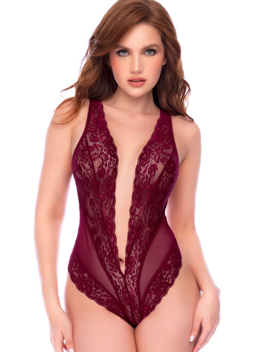 Mapale 80032 rich burgundy lace teddy featuring a deep plunging neckline and sheer panels.