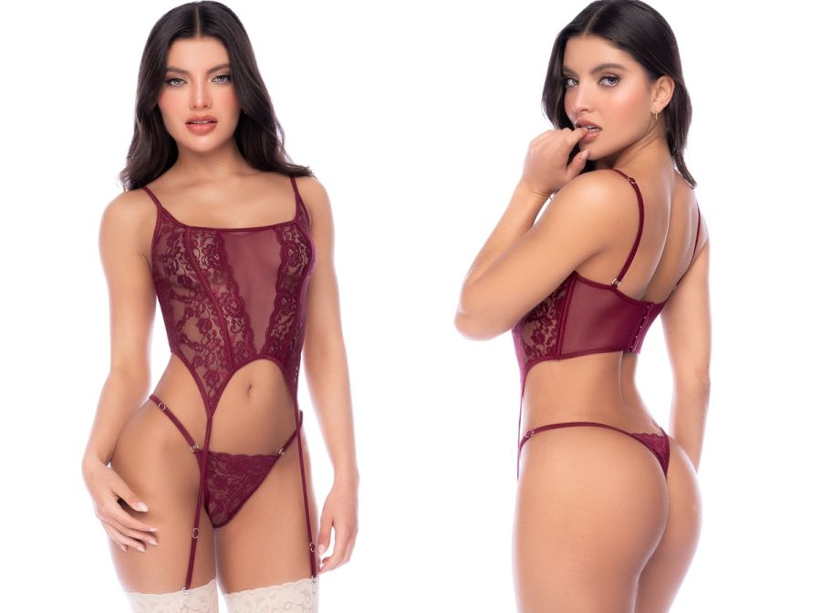 Mapale 80033 burgundy lingerie set featuring sheer mesh, floral lace panels, garter straps, and matching thong.