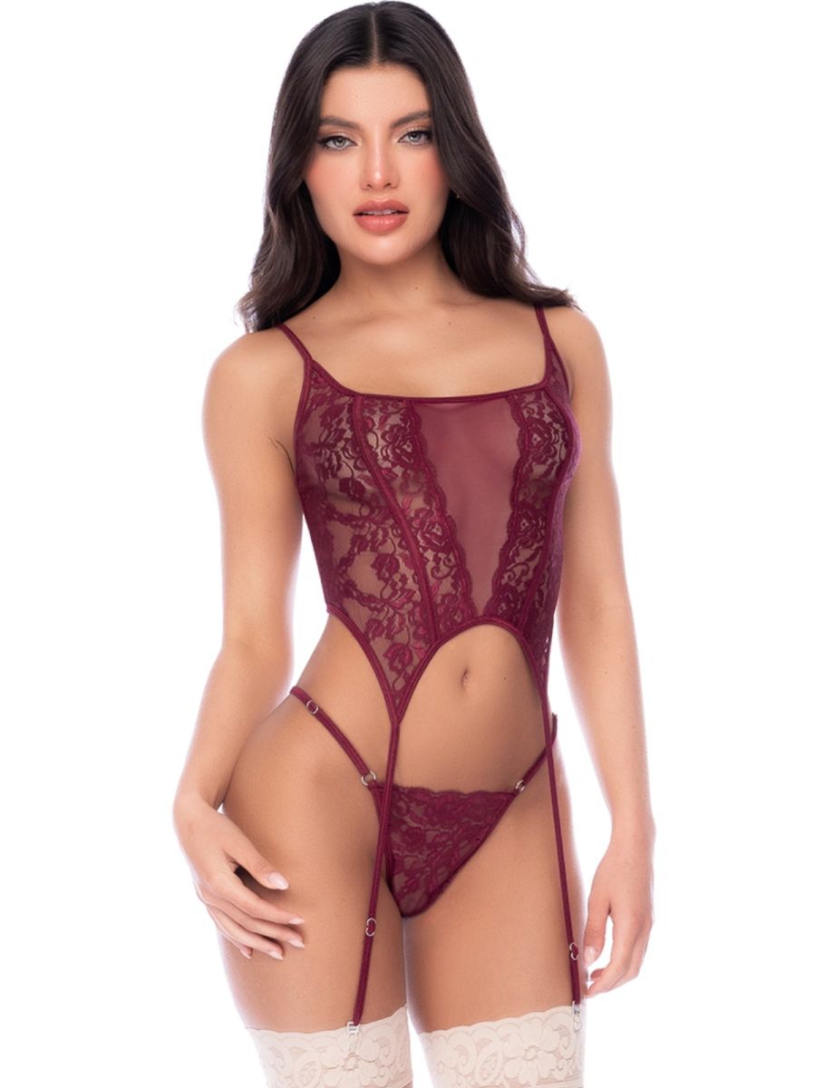 Mapale 80033 Two Piece Exotic Lingerie Set in Burgundy featuring sheer floral lace panels and attached garter straps.