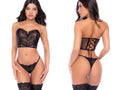 Mapale 80034 black lace two-piece set featuring a strapless bustier top and matching thong.