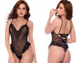 Mapale 80036 black sheer mesh teddy featuring dotted mesh, lace trim, v-neckline, and lace-up back detail.