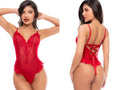 Mapale 80036 red mesh teddy with lace V-neck, ruffle trim, and lace-up back closure.