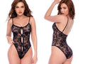 Mapale 80037 black lace teddy with floral pattern, thin straps, and front cutout details with bows.