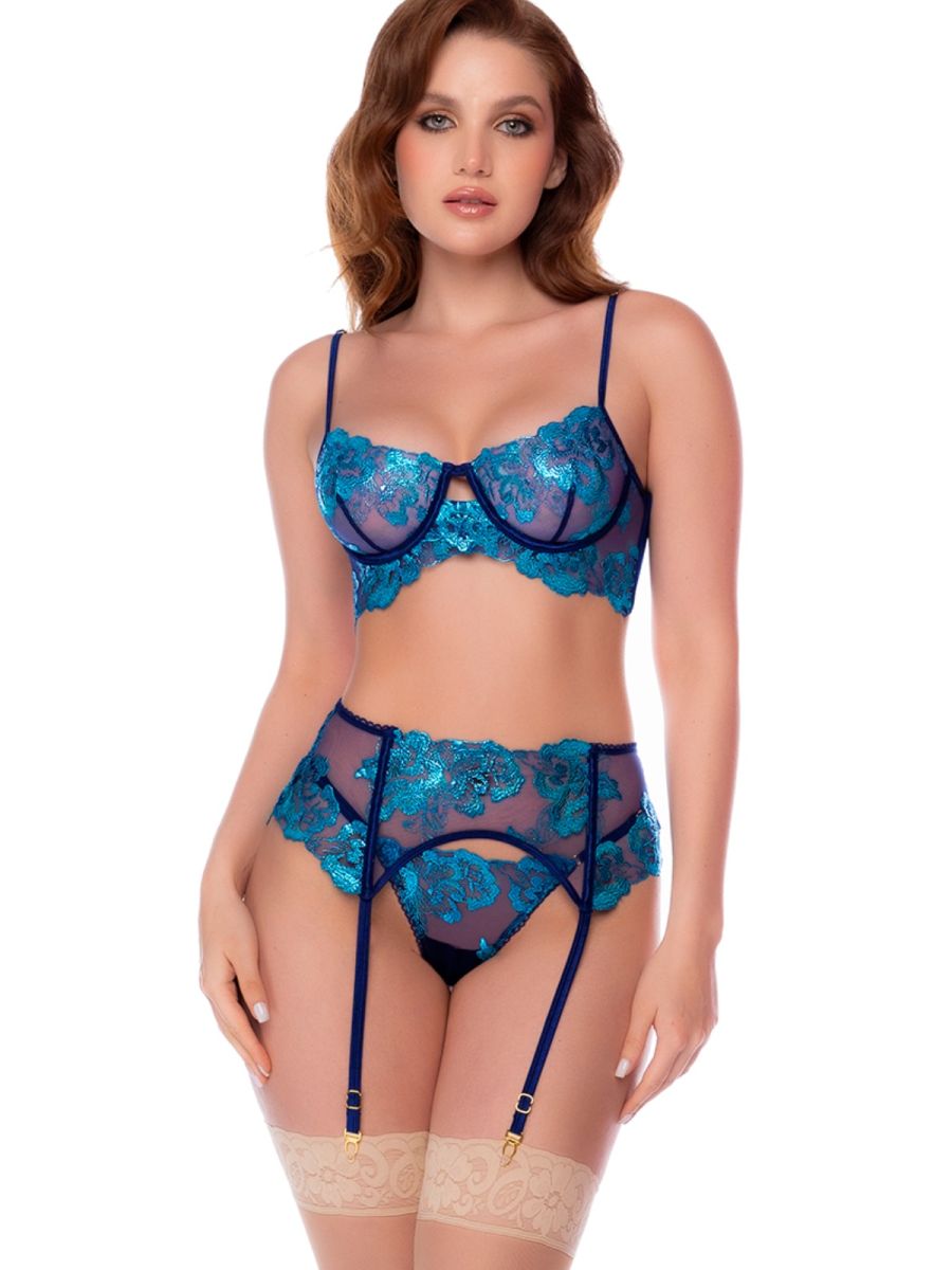Mapale 80041 three-piece midnight blue set with bright blue floral lace, garter straps, and thigh-highs.