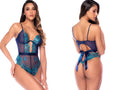 Mapale 80042 teddy in midnight blue, featuring sheer mesh panels and teal floral lace applique accents.