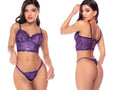 Mapale 80045 two-piece violet lingerie set with floral embroidery, bustier top with ribbon bow, and matching thong.