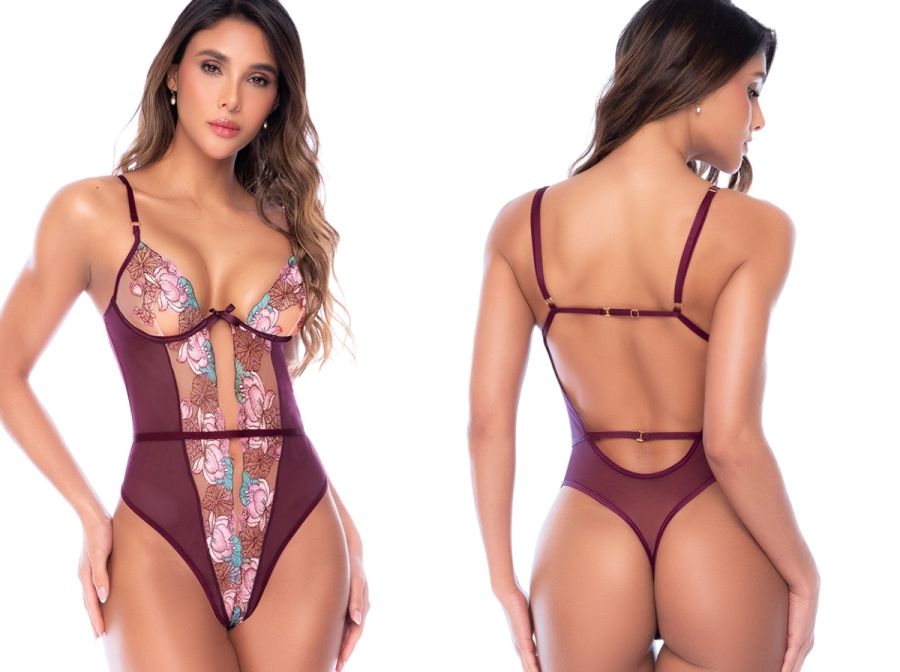 Mapale 80048 Floral Embroidered Teddy in raspberry pink, featuring sheer mesh panels and colorful floral embroidery.