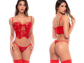 Mapale 80052 scarlet red two-piece lingerie set featuring a lace-embellished bustier and matching thong.