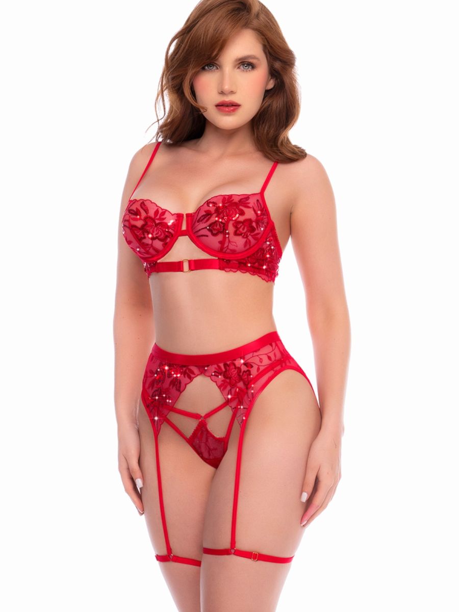 Mapale 80053 scarlet red three-piece lingerie set featuring embroidered floral lace, sheer cups, and garter straps.