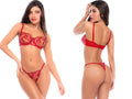 Mapale 80054 ruby red two-piece lingerie set featuring sheer floral embroidered lace on the bra and matching thong.
