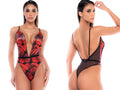 Mapale 80057 Sensual Floral Teddy in black and red, featuring a plunging neckline, thin straps, and a floral print.