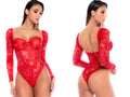 Mapale 8957 Bodysuit in red, featuring long sleeves and intricate floral lace with underwire cups and boning details.