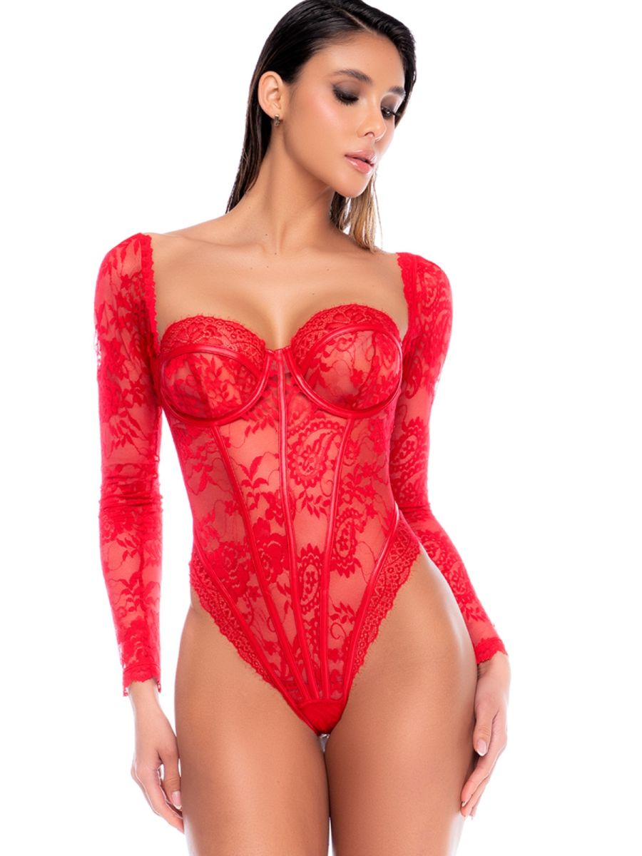 Mapale 8957 red long-sleeve lace bodysuit featuring sheer floral patterns and supportive boned seams.