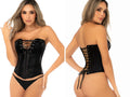 Mapale 9880 Corset in liquid black with front lace-up closure and matching thong.