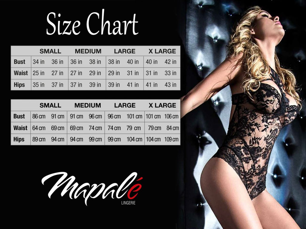 Mapale 2825 black lace bodysuit with high-leg cut, alongside a size chart and brand logo.