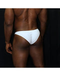 White micro bikini brief by Arroyman featuring a minimal cut and smooth fabric shown from the back on a model.