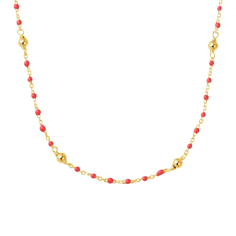 Sterling Silver Short Coral Enamel Necklace with Beaded Detail