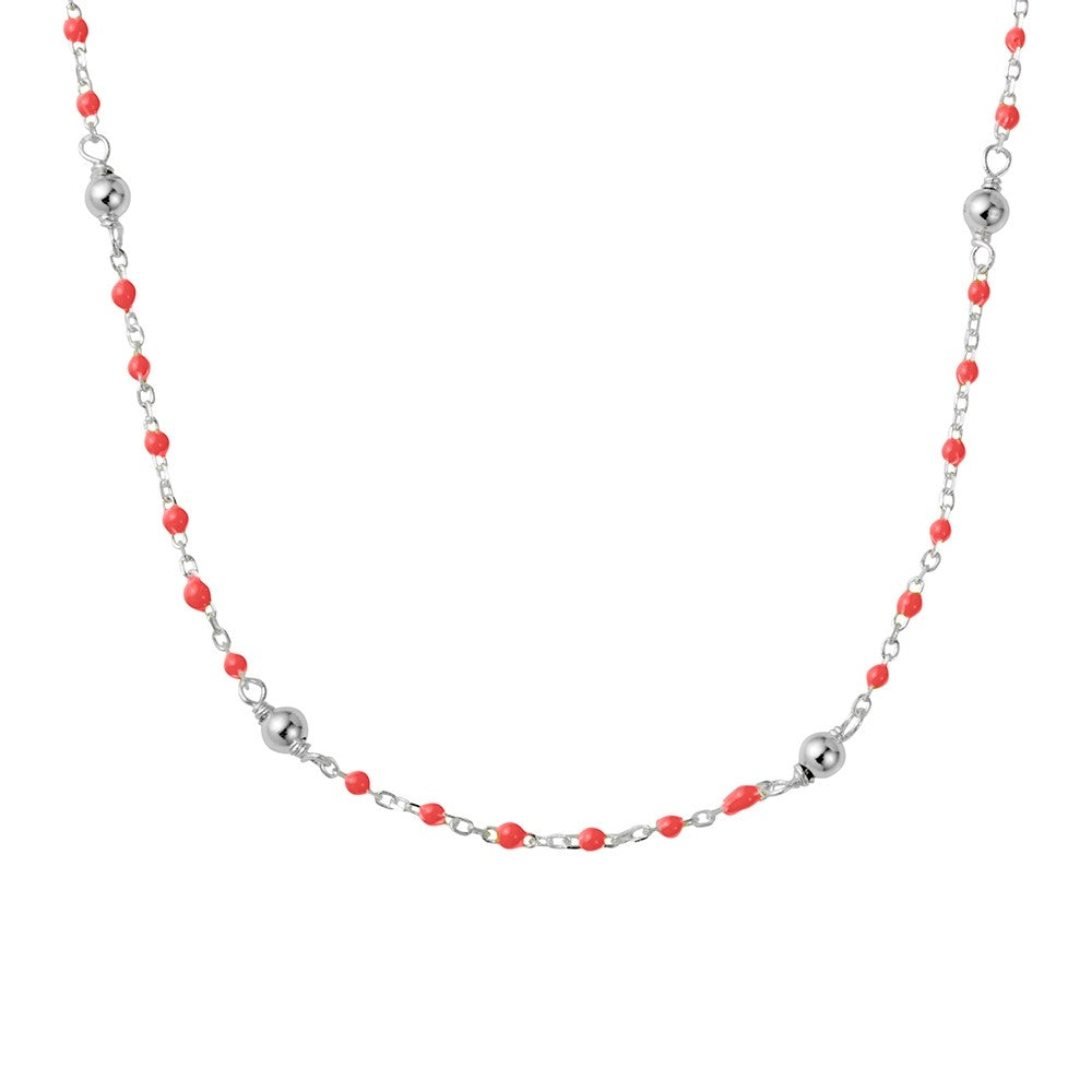 Sterling Silver Short Coral Enamel Necklace with Beaded Detail