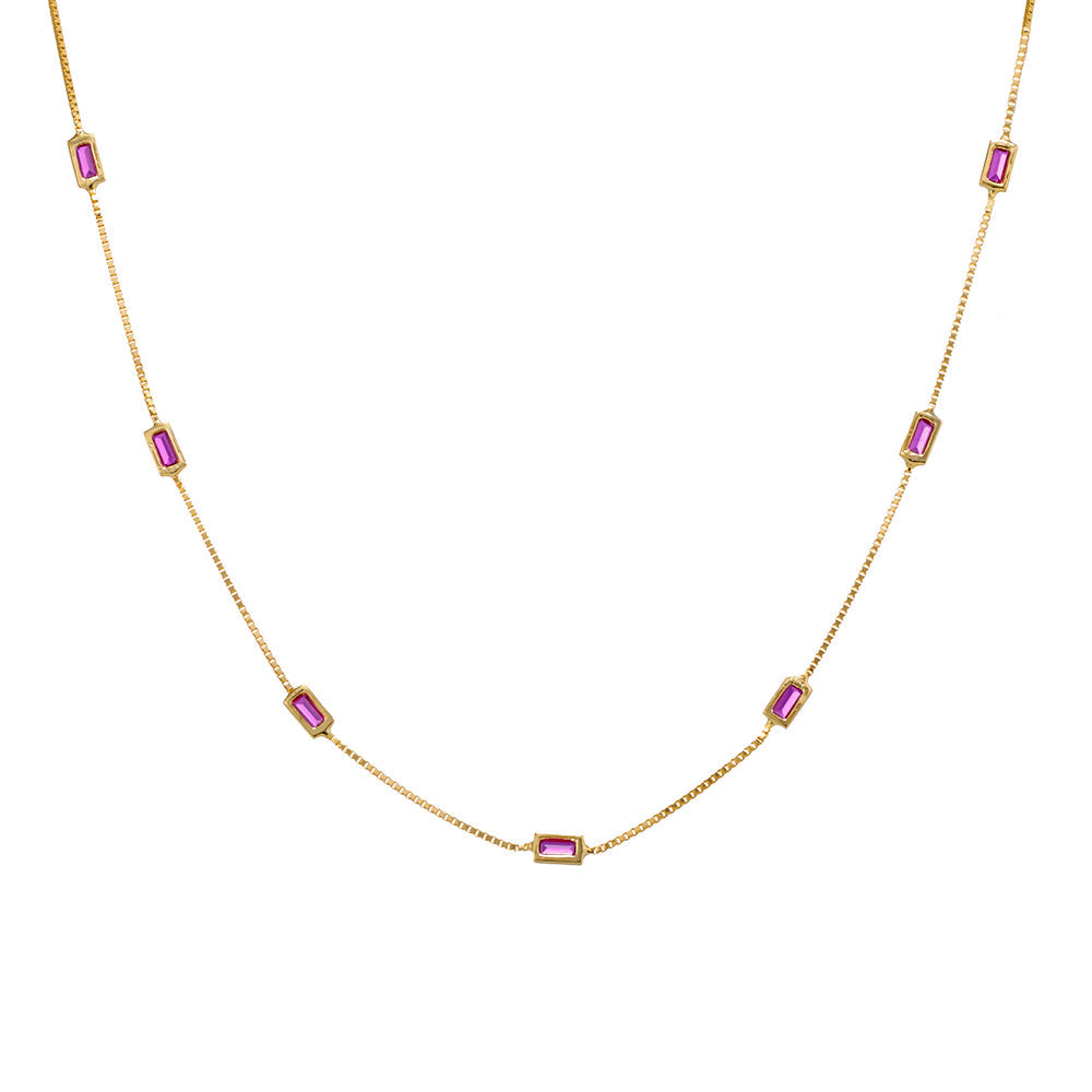 Gold-Plated Sterling Silver Box Chain Necklace with Ruby-Pink Baguette CZ