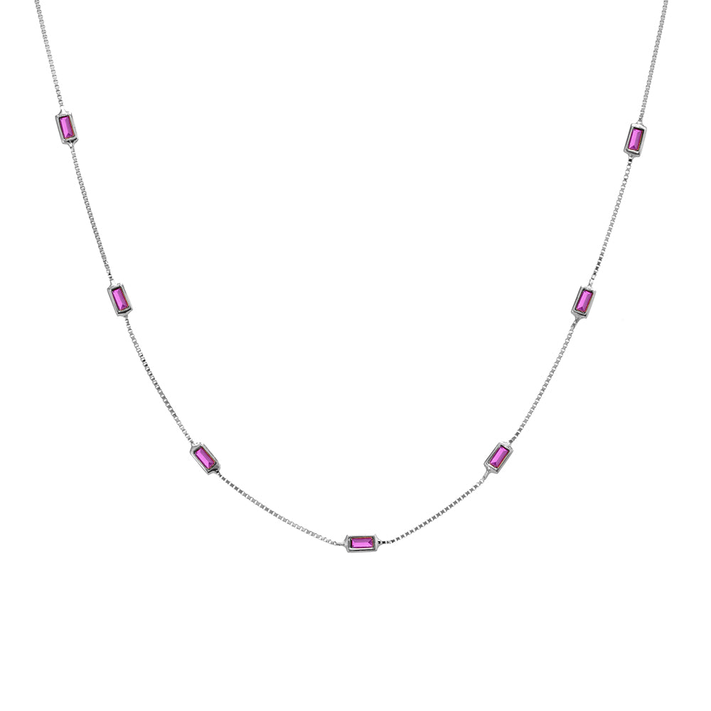 Sterling Silver Box Chain Necklace with Ruby-Pink Baguette CZ