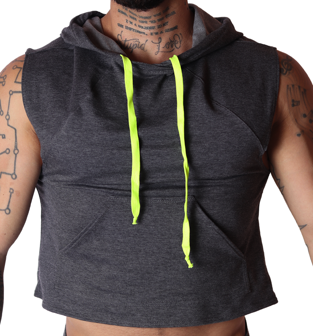 Front view of gray cotton Gigo Nafts hoody t-shirt with neon yellow drawstrings and front pocket.