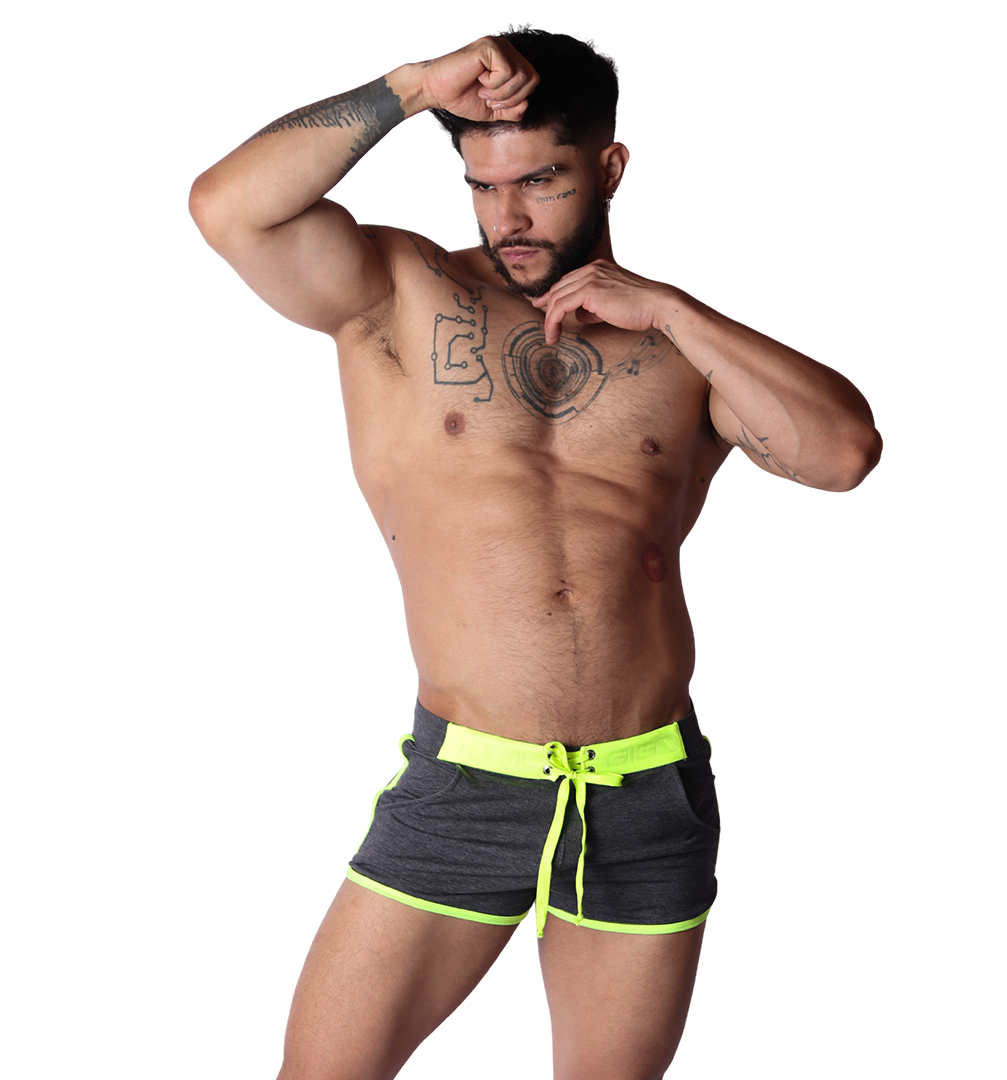 Front view of Gigo Nafts charcoal gray jersey shorts with neon yellow drawstring, waistband, and trim piping.