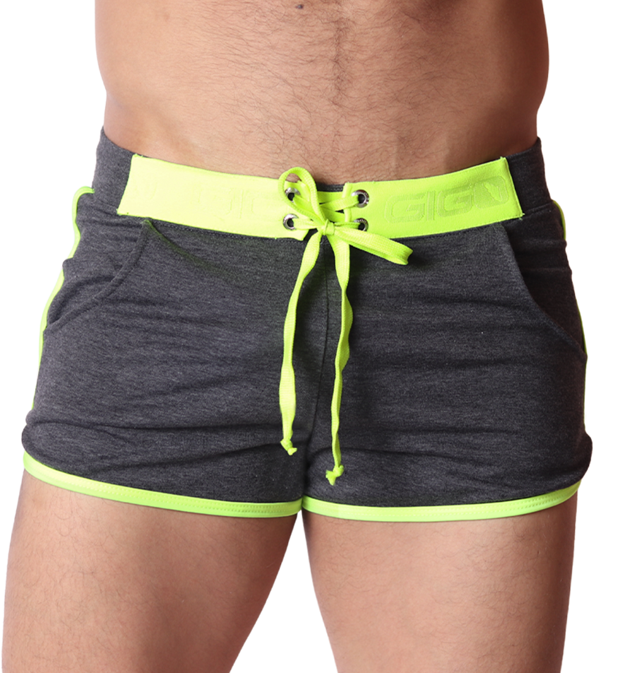 Front view of Gigo gray jersey fabric short with neon yellow trim, lace-up drawstring waist, and pockets.