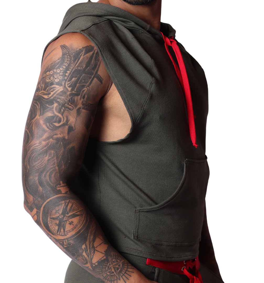 Side view of Gigo Nafts green cotton sleeveless hoody t-shirt with red drawstrings and kangaroo pocket.
