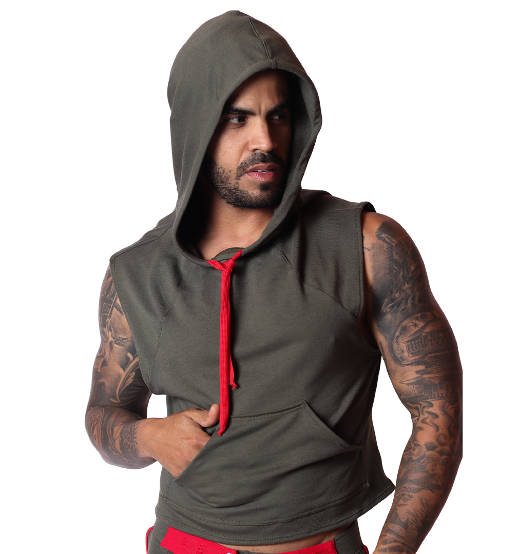Front view of Gigo Nafts green cotton sleeveless hoody t-shirt with red drawstring and front kangaroo pocket.