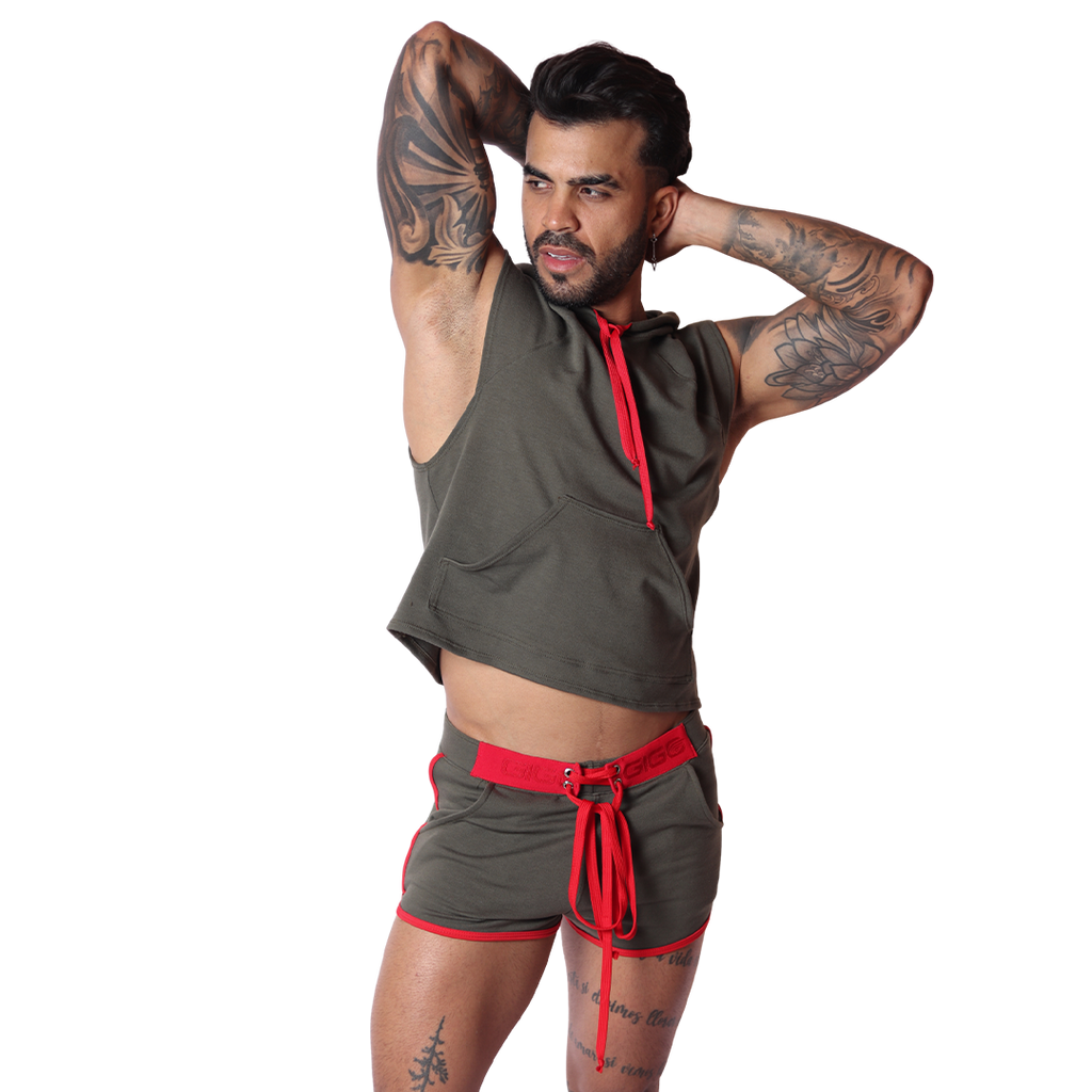 Front view of Gigo green cotton-blend sleeveless hoody t-shirt with red trim and drawstring.