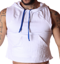 Front view: Gigo Nafts white sleeveless cotton hoody T-shirt with a kangaroo pocket and blue drawstring cords.