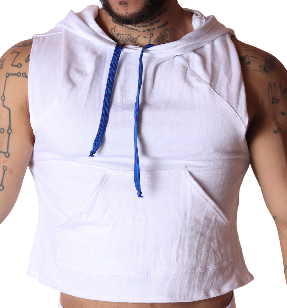 Front view: Gigo Nafts white sleeveless cotton hoody T-shirt with a kangaroo pocket and blue drawstring cords.