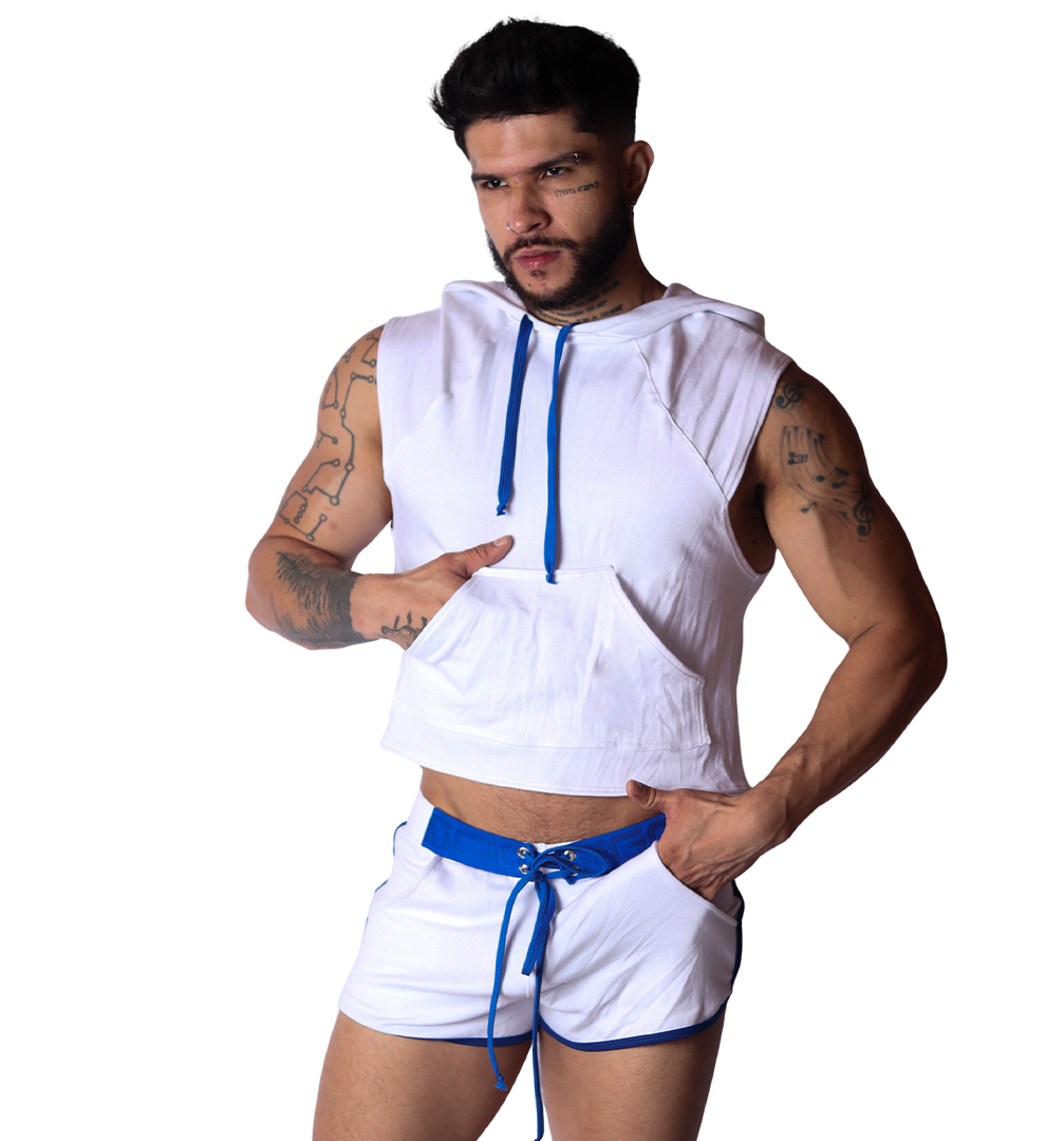 Front view of Gigo white sleeveless cotton hoody t-shirt with blue drawstrings and matching shorts.