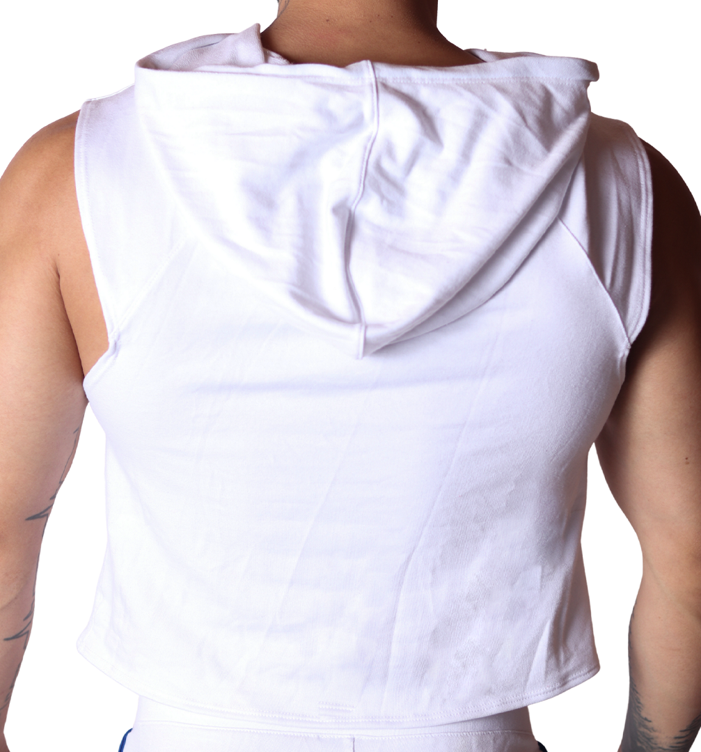 Back view of Gigo Nafts white sleeveless hooded cotton t-shirt on a model.