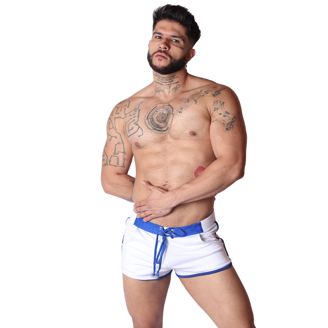 Front view of Gigo Nafts white fabric shorts with blue drawstring waist and trim, modeled by a tattooed man.