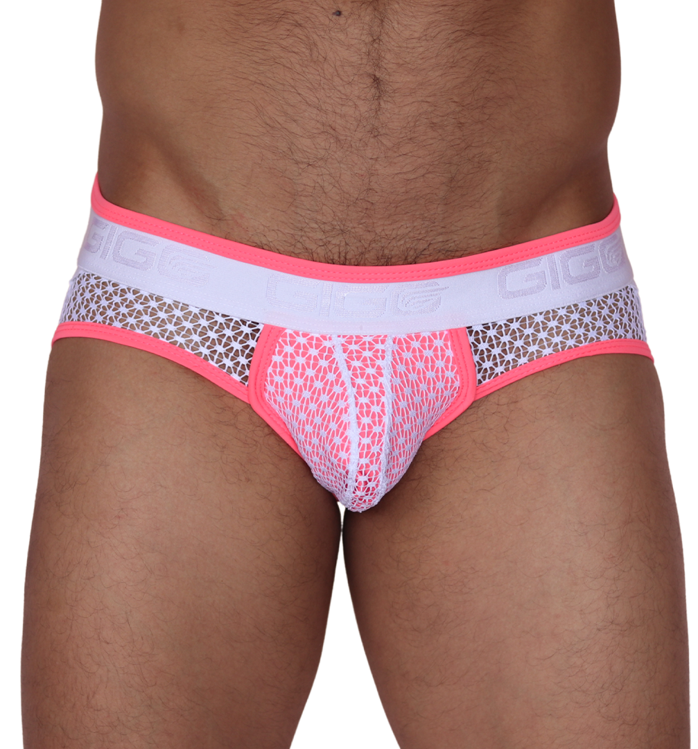 Front view of Gigo fuchsia net jock thong with white textured waistband and breathable mesh fabric.