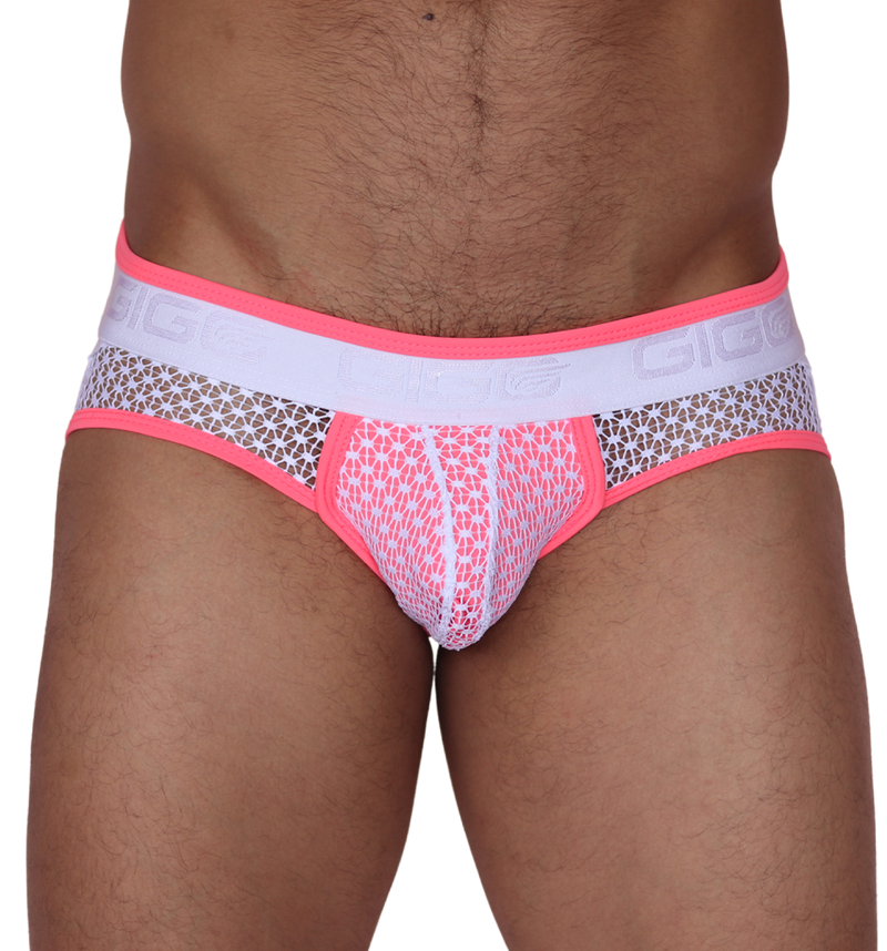 Front view of Gigo fuchsia net jock thong with white textured waistband and breathable mesh fabric.