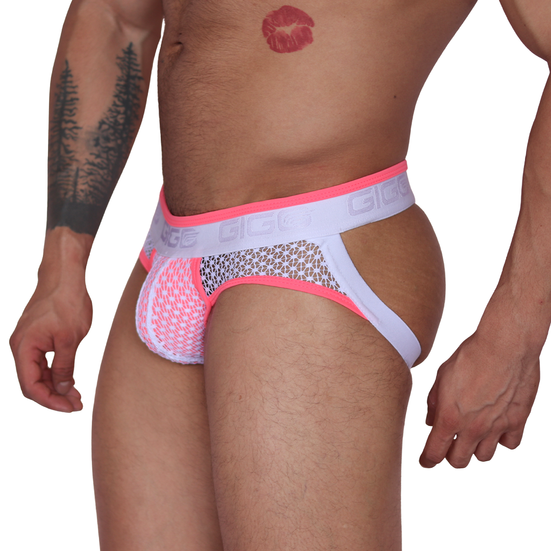 Side view of Gigo fuchsia net jock thong with white logo waistband and breathable mesh fabric.