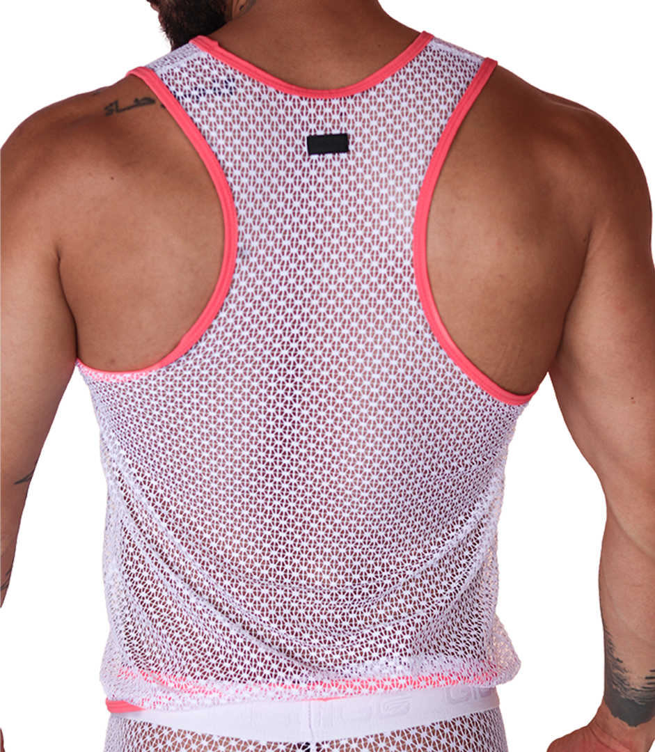 Back view of Gigo fuchsia and white net mesh tank top with racerback design on a muscular male model.