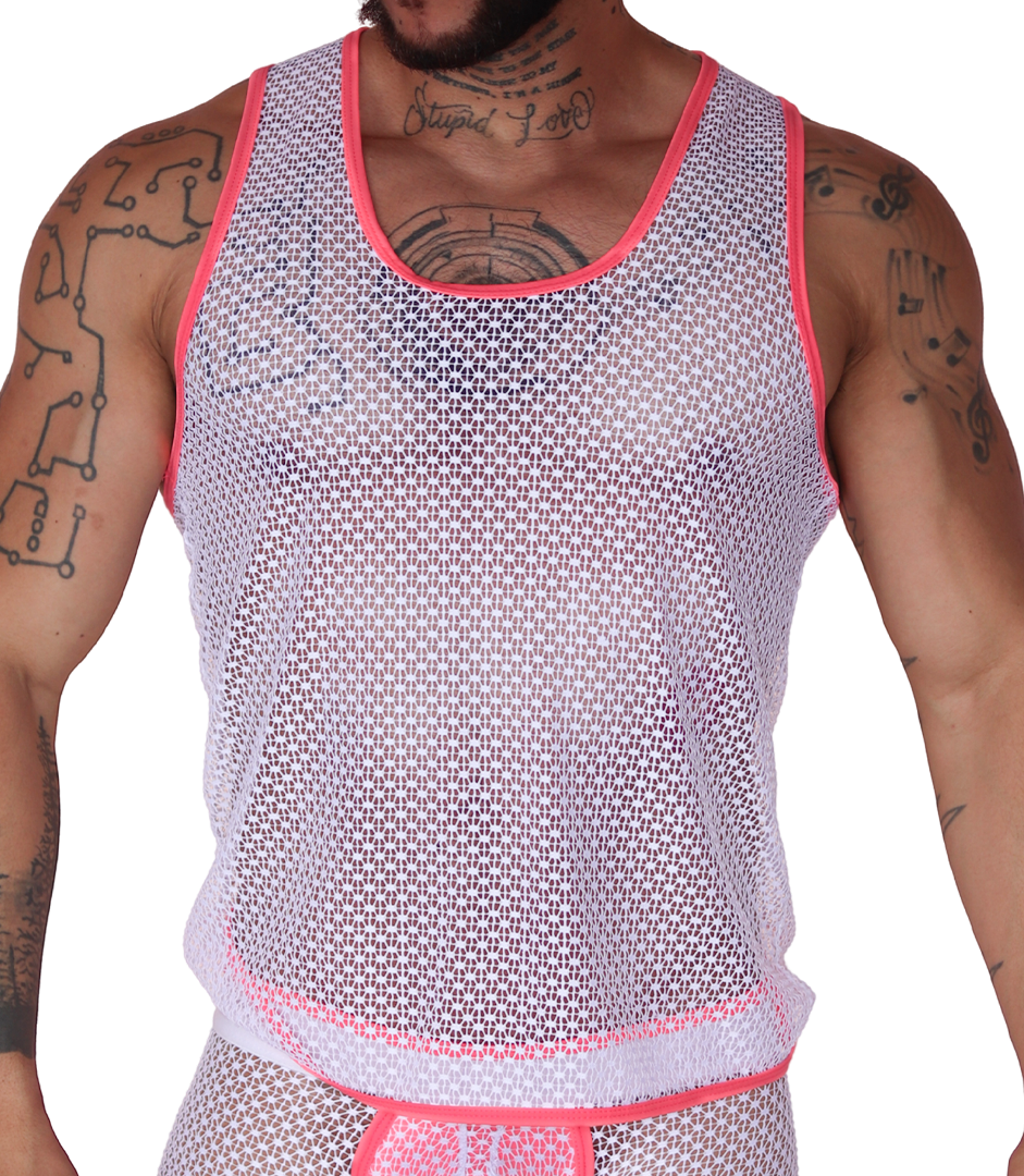 Front view of Gigo fuchsia net tank top in sheer white mesh fabric with vibrant pink trim on scoop neck and armholes.