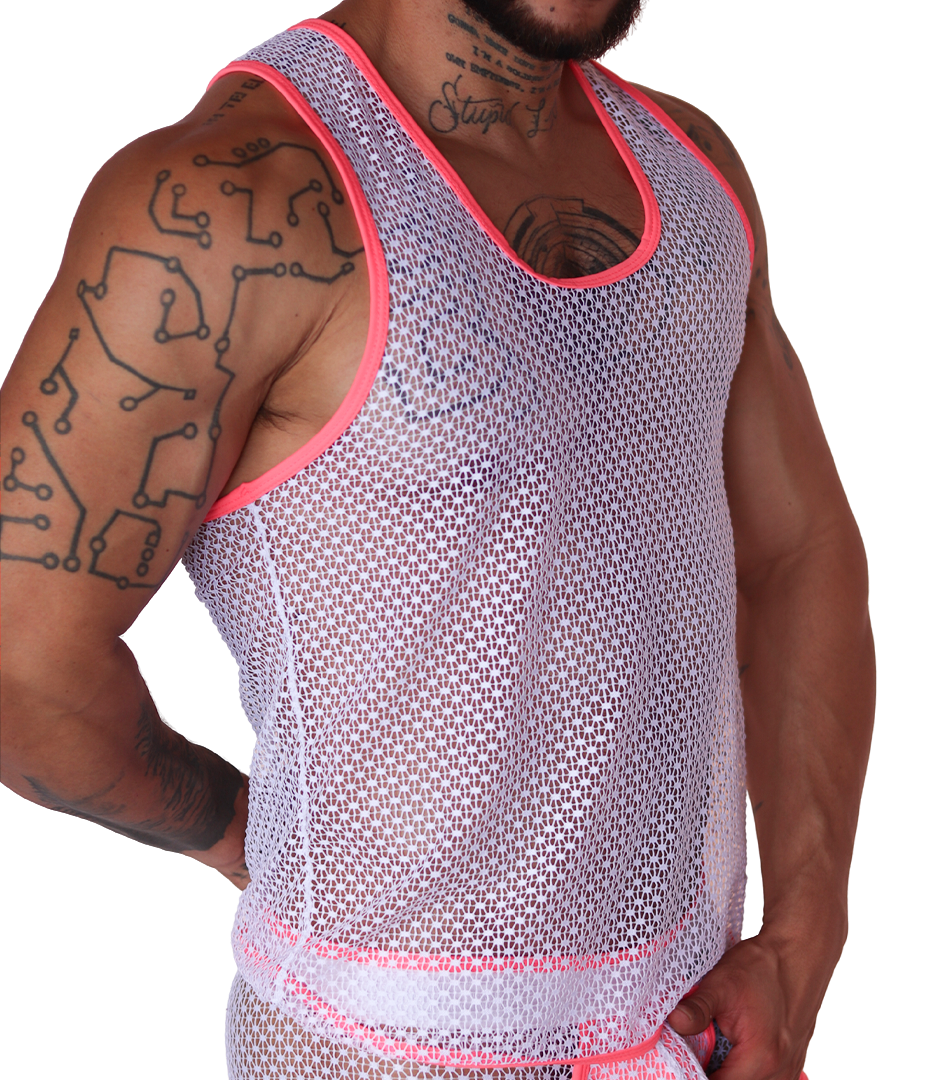 Gigo fuchsia net tank top, side view. White mesh fabric with bright fuchsia trim on a muscular model.