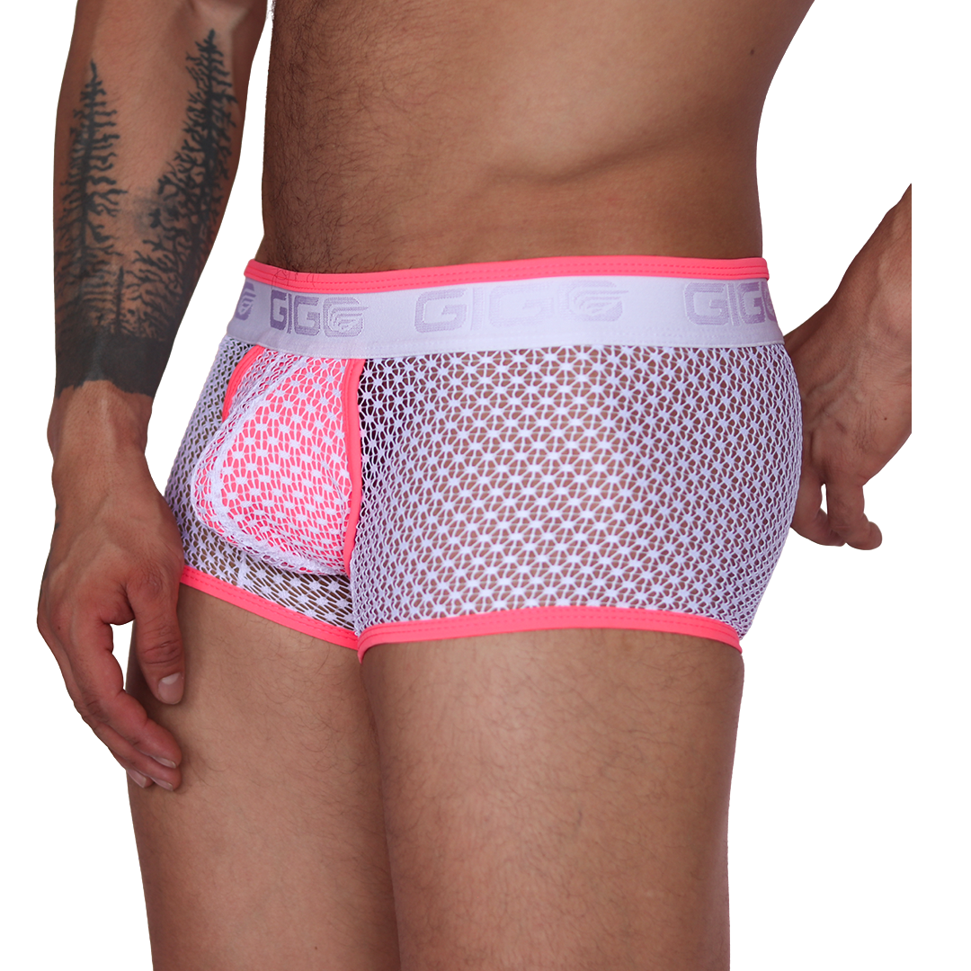 Side view of Gigo fuchsia net fabric trunk with white waistband and neon pink trim details.