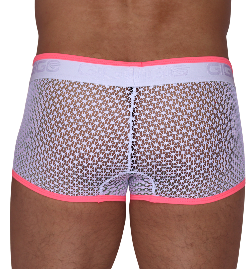Back view of Gigo fuchsia and white net mesh trunk with branded white elastic waistband and neon pink trim.
